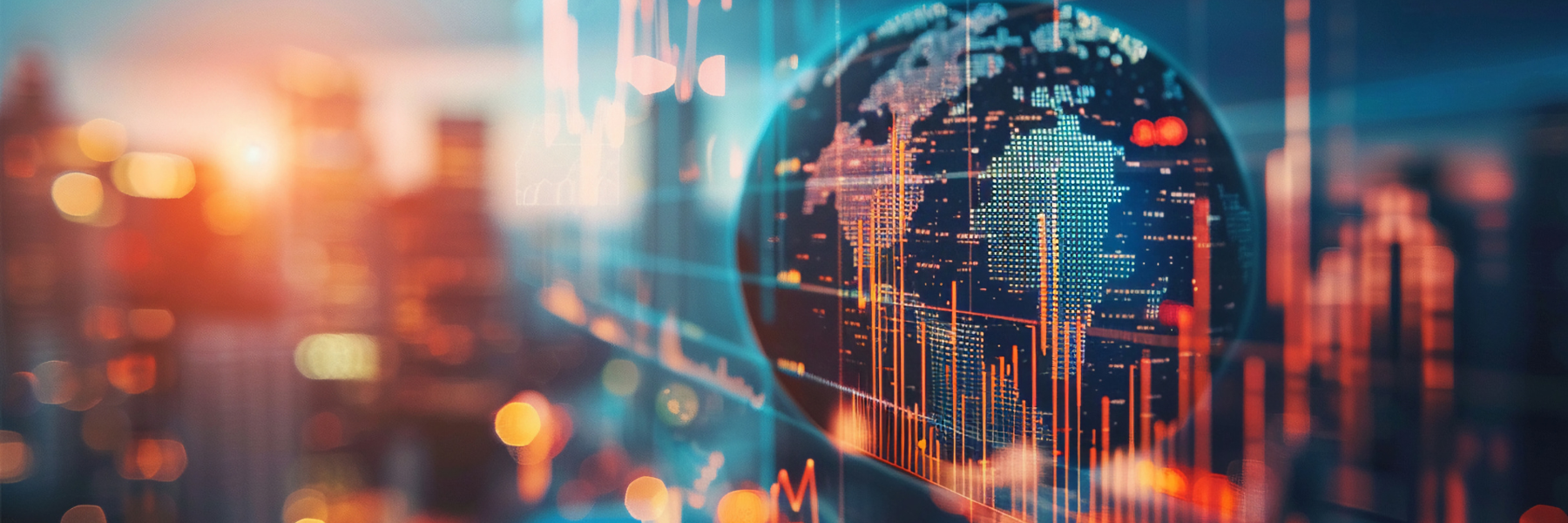 A cityscape overlaid with a globe and data charts