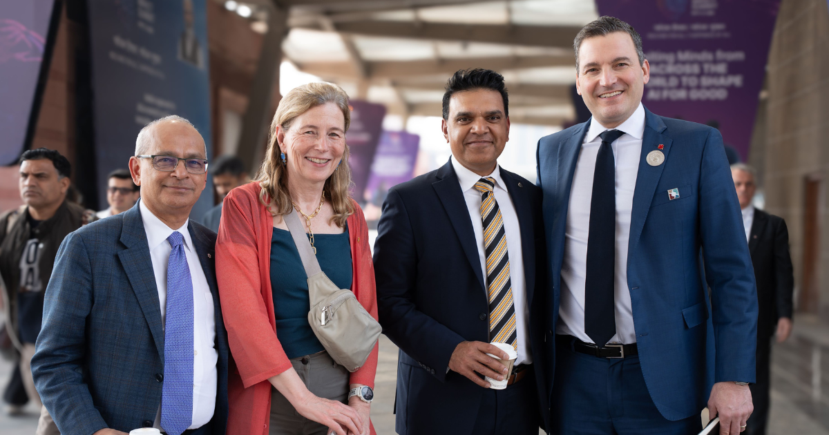 Vivek Goel, Mary Wells, Sanjeev Gill, and Evan Solomon at the AI Summit