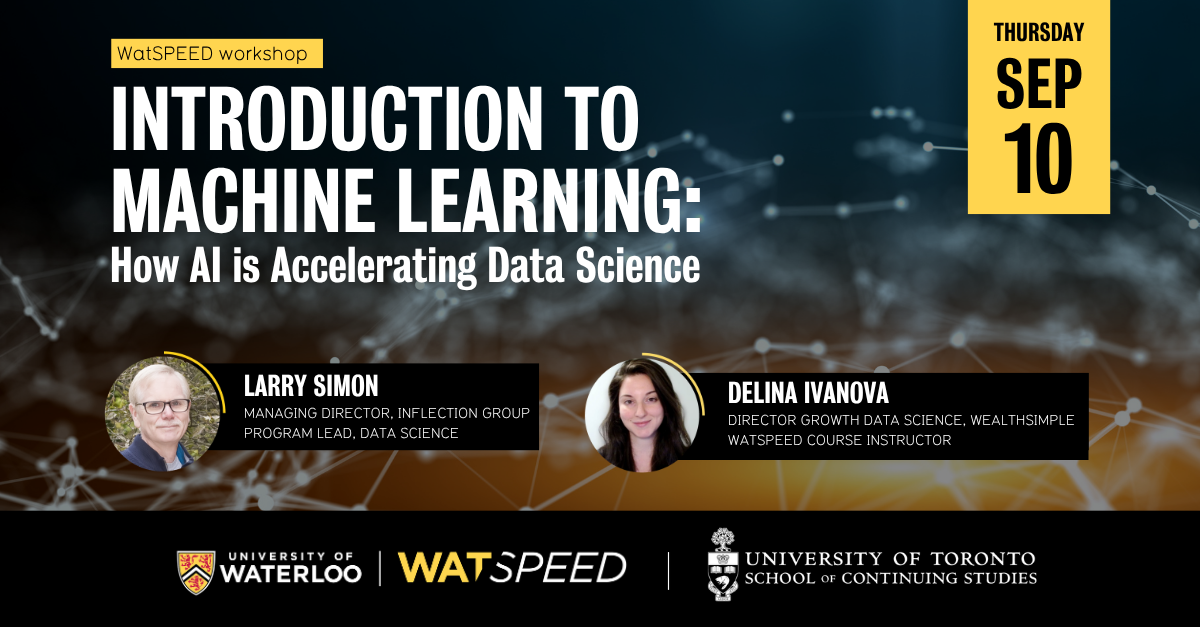 Data Workshop | Introduction to Machine Learning How New AI Models are Accelerating Data Science Title and instructor profiles against dark blue data and chart displays