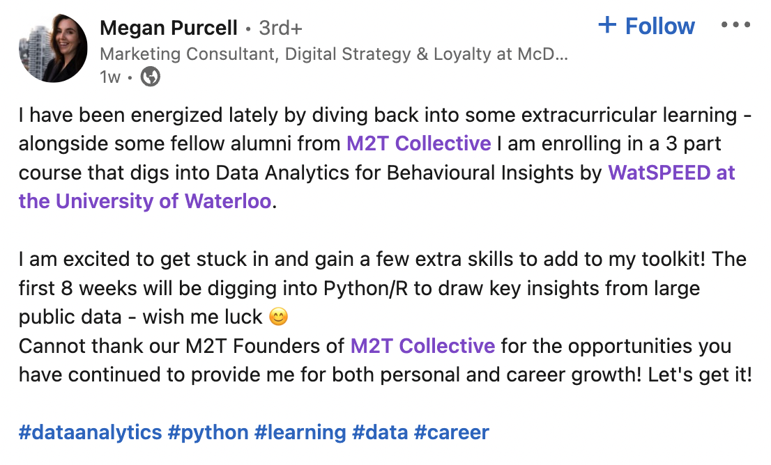 LinkedIn post by Megan Purcell, alumni from the M2T Collective